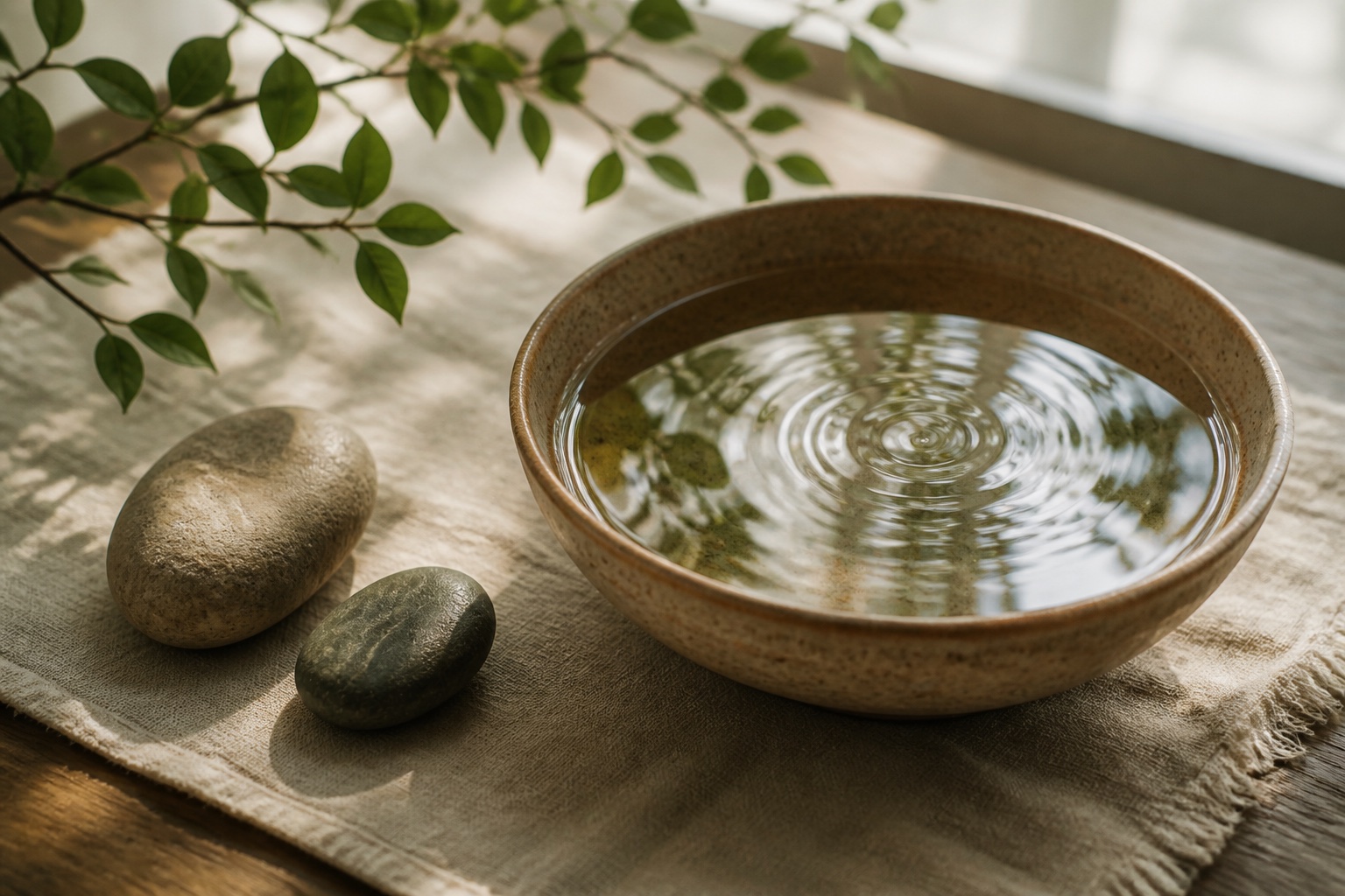Concentric ripples around smooth stones in a quiet ceramic bowl