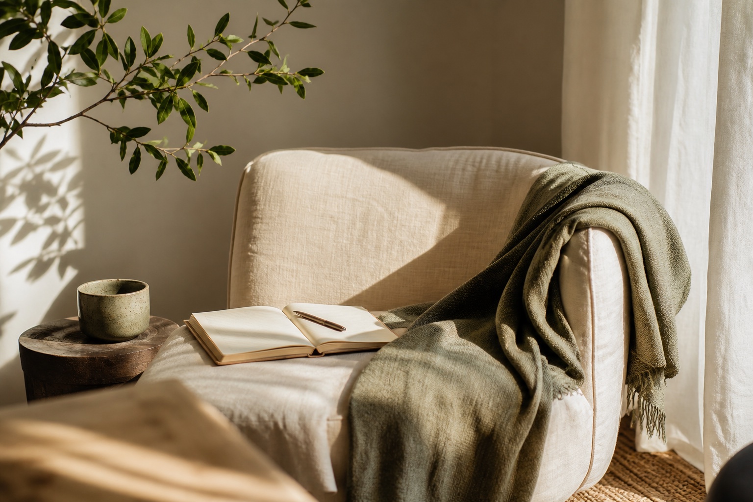 A sunlit linen chair with a sage throw, journal, and ceramic cup