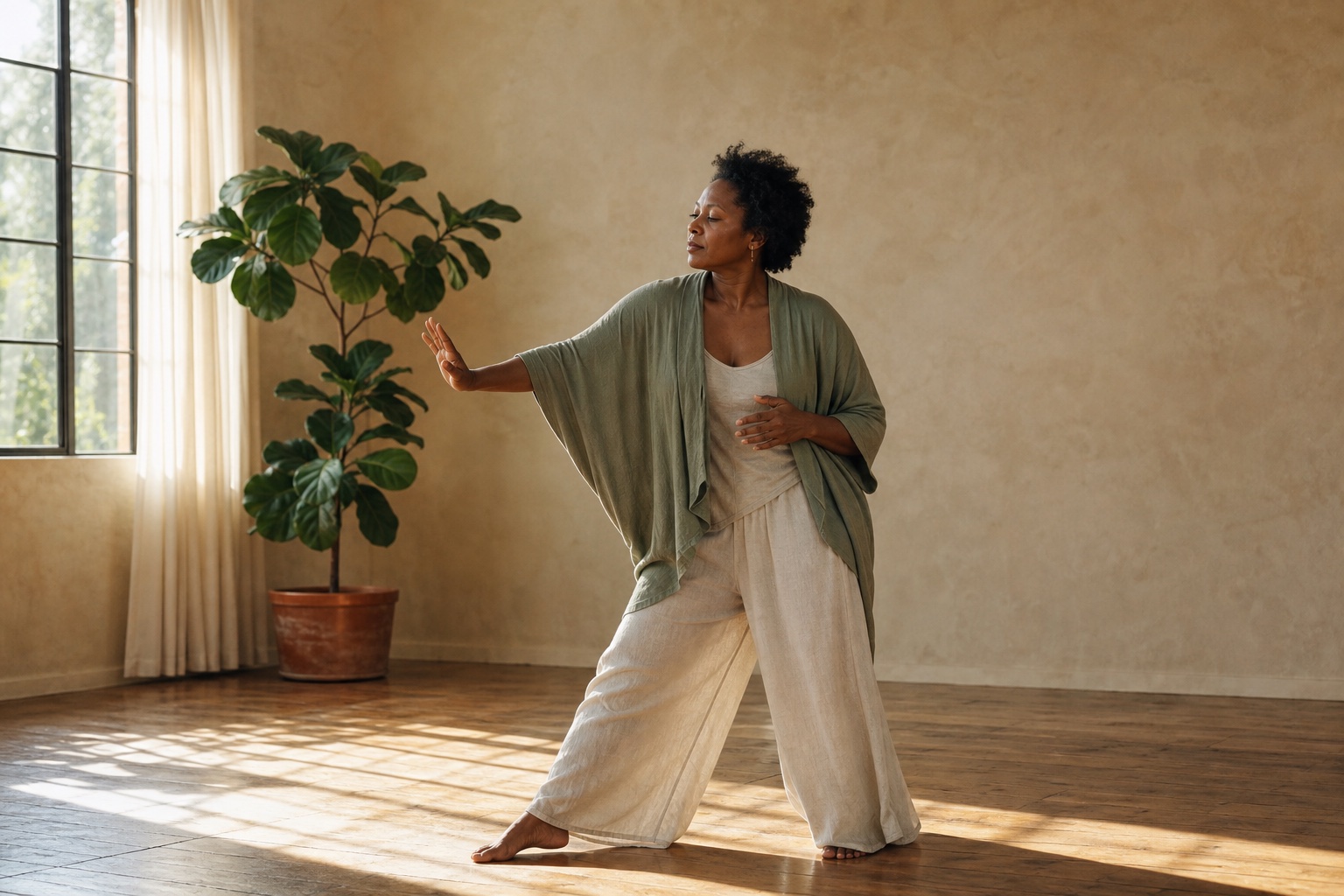 A woman practicing gentle expressive movement in a warm studio