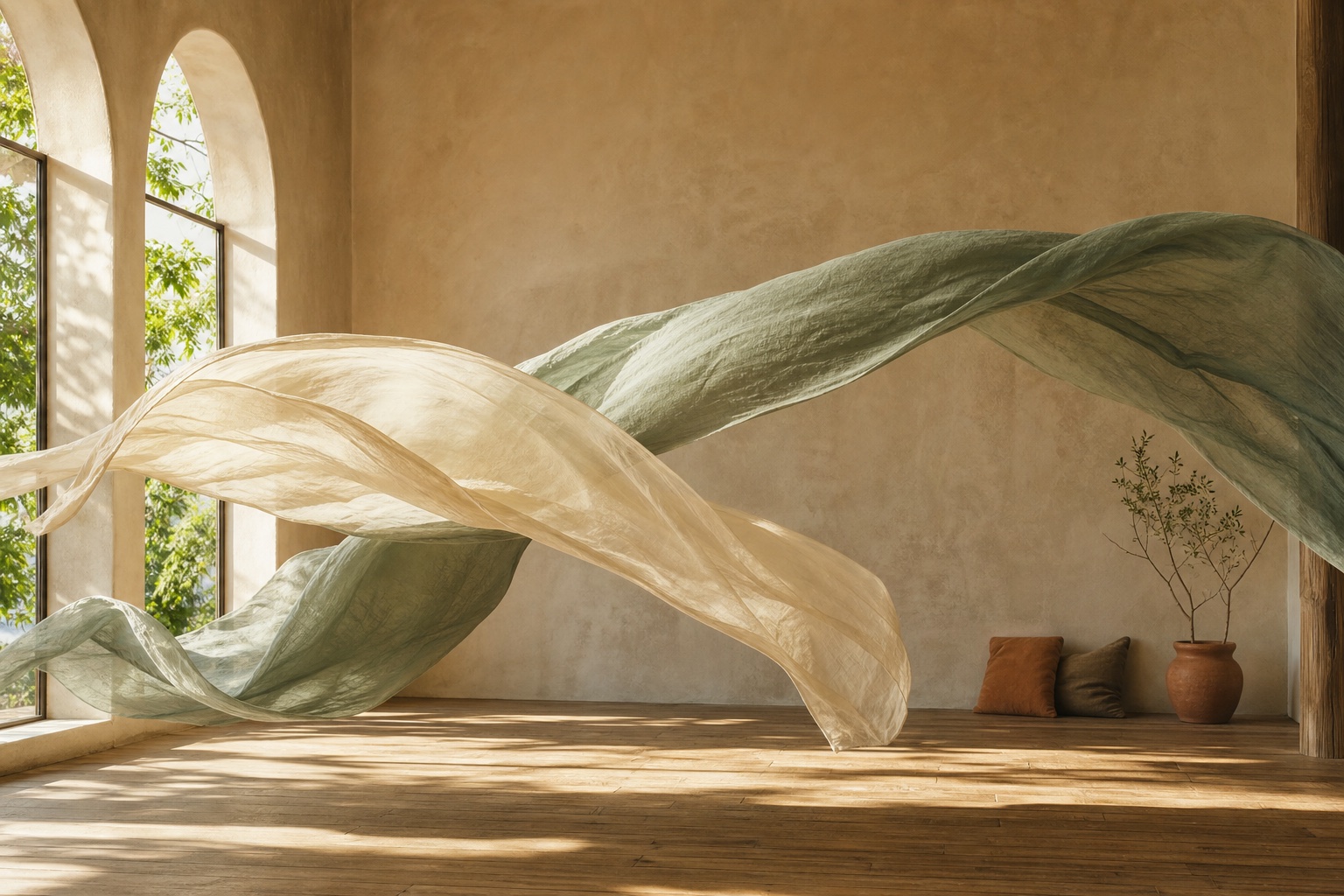 Soft sage and cream fabric moving through a sunlit studio