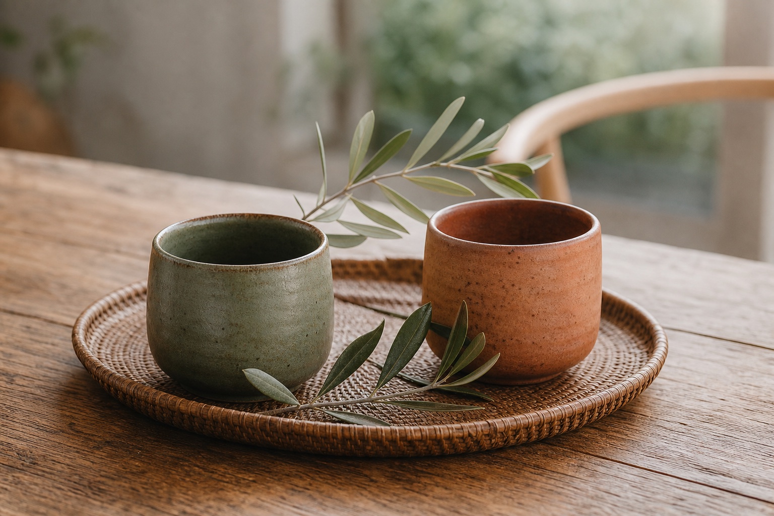 Sage and terracotta cups resting together on a warm wooden tray